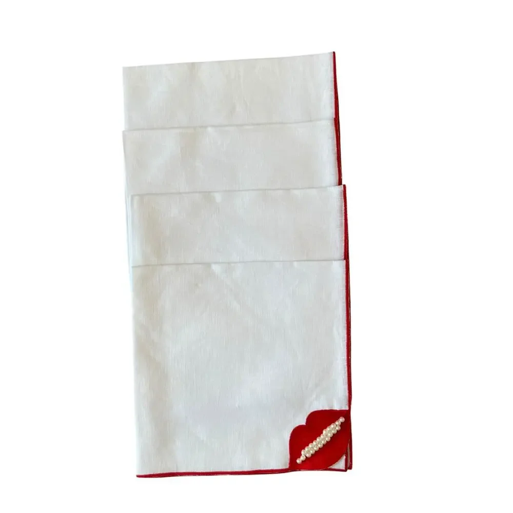 Chefanie RED LIPS Dinner Napkins 20x20 Linen Set of 4 Valentines Day XO New